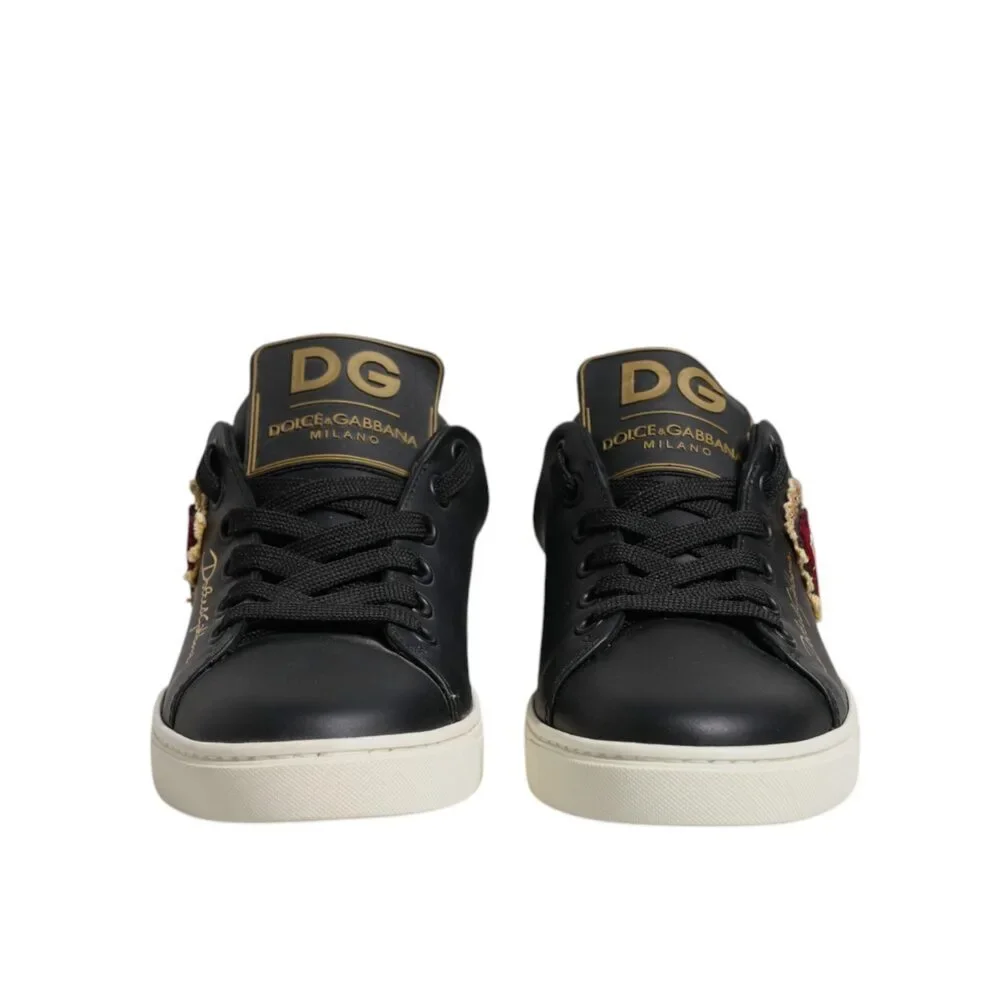 Dolce & Gabbana Black Leather Gold Red Heart Sneakers Shoes - Picture 2 of 9